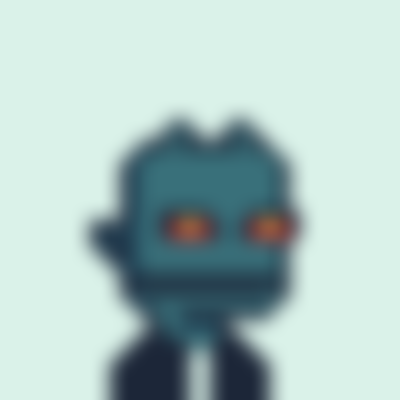 Blurry pixel art image of a blue character with glowing orange/red eyes and what appears to be a suit.