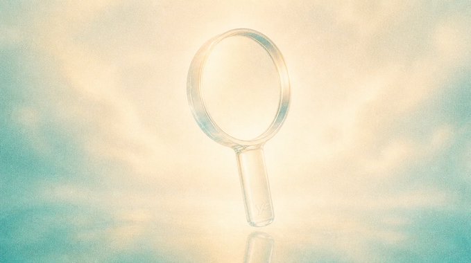 A transparent magnifying glass floats against a soft, cloudy sky background in teal and warm cream tones, symbolizing the call for scrutiny and transparency of the yUSDG contract mentioned in the post.