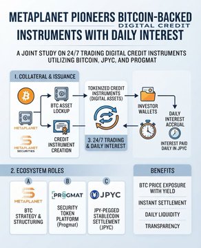 The infographic outlines the MetaPlanet-Pioneers joint study with Progmat and JPYC, illustrating how bitcoin-backed instruments enable 24/7 trading and daily interest accrual across METAPLANET, PROGMAT, and JPYC ecosystem roles, while highlighting benefits such as BTC price exposure, instant settlement, daily liquidity, and transparency.
