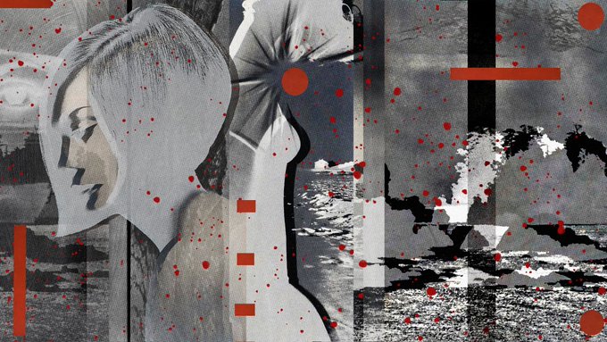 A grayscale mixed-media artwork featuring a stylized portrait of a woman with closed eyes on the left side, set against a textured seascape background with abstract red splatters, vertical bars, and geometric shapes scattered across the composition, evoking the somber tone of the post about fundraising for Venezuela's earthquake victims through limited edition sales.
