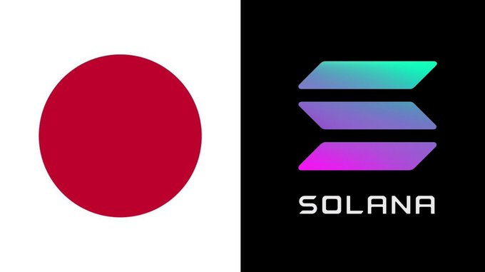 Split image showing the Japanese flag on the left (red circle on white) and the Solana logo on the right (gradient bars on black background with 'SOLANA' text).
