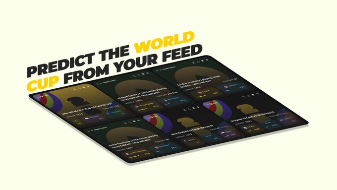 In the image, there is a collection of eight different predictions or forecasts displayed for an upcoming World Cup. The forecasts are presented against a light beige background, with the phrase "Predict the world cup from your feed" written above each one. There's also another text that reads "Focus on what is in the image and how it relates to the post", but its interpretation isn't clear from the visual context.