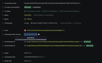 A screenshot of a blockchain transaction hash on Etherscan for "DYP20," showing 0xa76cafa978546ec0ee952d0c153330bc0bb3dfb94c8276d51c301f9282d processed via the IndexCoop contract (0x095c4f08ef3d7e1f5e5093f00d6ad57aa4e3e8c9) with a transfer of 0.05 ETH. The image illustrates the IndexCoop and SetProtocol contracts referenced in the post comparing indices (treasury-based) and baskets (reserve-backed ERC-20 + fee).