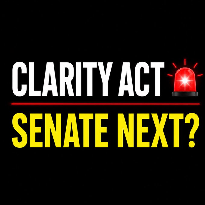 A black background features the text "CLARITY ACT" in white and "SENATE NEXT?" in yellow, accompanied by a flashing red police siren icon.