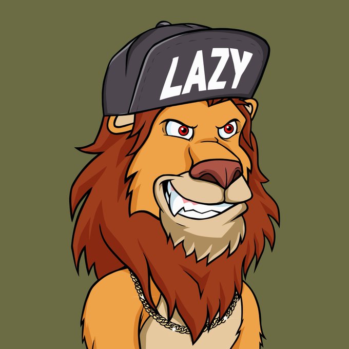 A digital illustration of an angry cartoon lion wearing a black baseball cap with the word 'LAZY' written on it and a gold chain necklace.