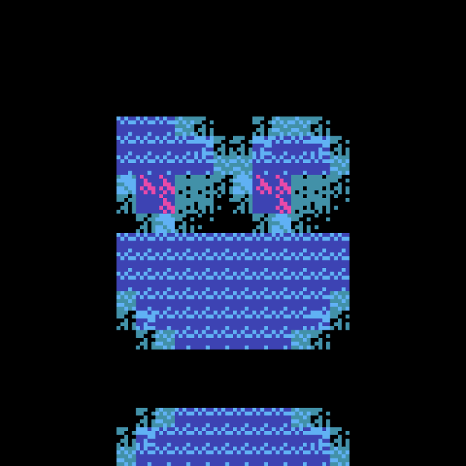 Pixel art of the Sans character from Undertale, featuring his blue jacket, white shirt, and glowing blue/pink eye, with a separate animation frame below.