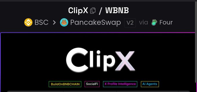 A screenshot from the Four.meme platform showing the ClipX/WBNB trading pair on PancakeSwap V2 via Four, labeled with tags "BuildOnBNBCHAIN," "SocialFi," "X Profile Intelligence," and "Ai Agents." The image ties to the post's emphasis on ClipX's long-term development and active utility project on BNB Chain.