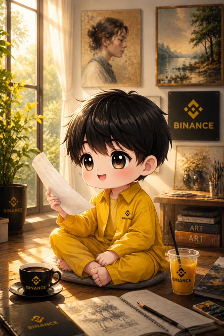 The image features a young boy sitting at a desk with a book, cup of coffee, and other items such as a pencil case and a plant nearby. The background includes paintings hanging on the wall, which are related to the Binance coin. The text in the image reads "Good morning Binance Family Stay Focused Stay Silent Your Success is enough to make noise." This suggests that the boy might be working or studying while being surrounded by art-related items and a family atmosphere.