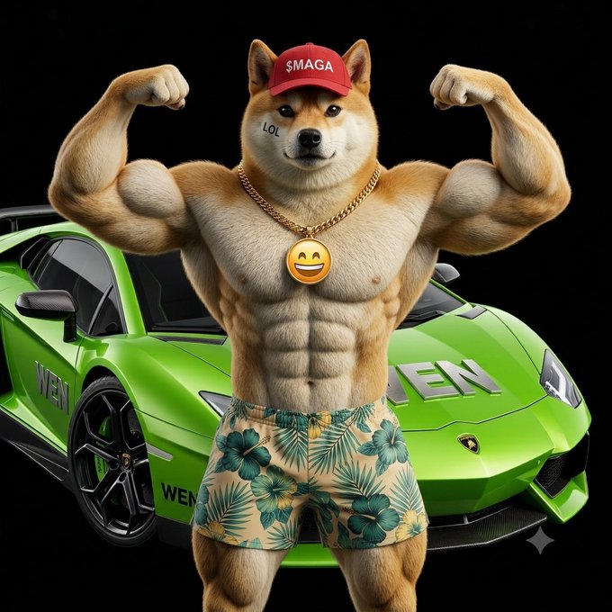 A muscular Shiba Inu wearing a "$MAGA" hat, gold chain with a smiley face pendant, and Hawaiian shorts flexes in front of a bright green Lamborghini labeled "WEN." The image humorously embodies the "wen Lambo" meme, symbolizing $DOGE's aspirational rise to $1 and eventual Lambo dreams.