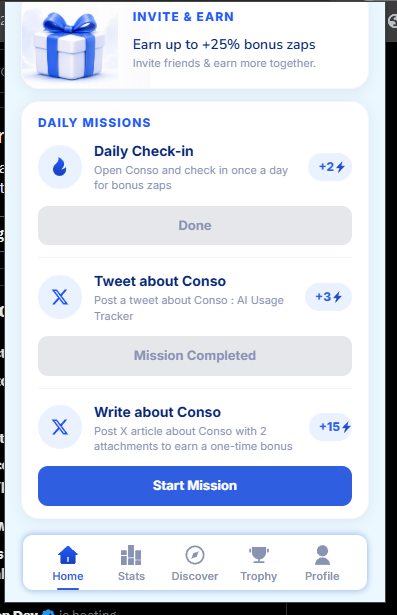 A mobile app screen for 'Conso' showing an 'INVITE & EARN' section for bonus zaps and 'DAILY MISSIONS' including Daily Check-in (+2), Tweet about Conso (+3), and Write about Conso (+15).