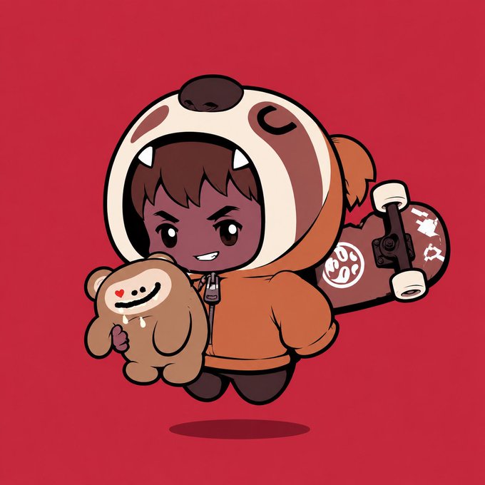 Chibi-style cartoon character wearing a brown dog-eared hooded jacket, holding a teddy bear and carrying a skateboard, set against a red background.