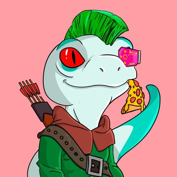 A digital illustration of a stylized, anthropomorphic lizard-like character with a bright green mohawk and glowing red eye, wearing a green archer's outfit with a quiver of arrows on its back, holding a slice of pizza, set against a pink background.