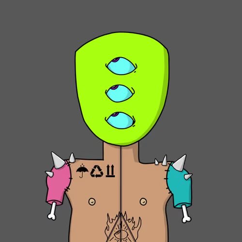 Digital drawing of a figure with a large green three-eyed mask, spiked arm bands, bare chest with a sun/flame tattoo, and small icons on the collarbone area.