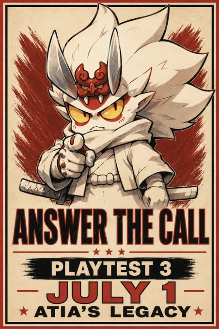 A vintage-style playtest poster for 'ATIA'S LEGACY' featuring a white-haired demon character with red mask and sword, advertising 'PLAYTEST 3' on 'JULY 1' with the text 'ANSWER THE CALL.'