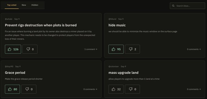 A dark-themed forum interface showing user-submitted ideas with tabs for "Top voted," "New," and "Hidden," featuring suggestions like "Prevent rigs destruction when plots is burned" (126 likes), "hide music" (95 likes), "Grace period" (80 likes), and "mass upgrade land" (32 likes).