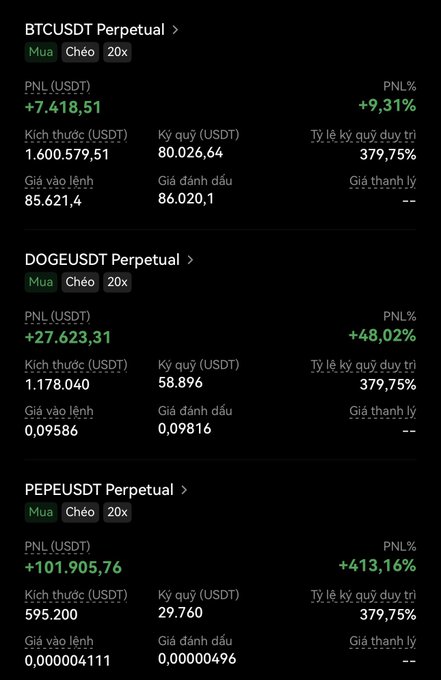A cryptocurrency trading interface showing three perpetual futures positions: BTCUSDT Perpetual (Long, 20x) with a PNL of +7,418.51 USDT (+9.31%), DOGEUSDT Perpetual (Long, 20x) with +27,623.31 USDT (+48.02%), and PEPEUSDT Perpetual (Long, 20x) with +101,905.76 USDT (+413.16%).