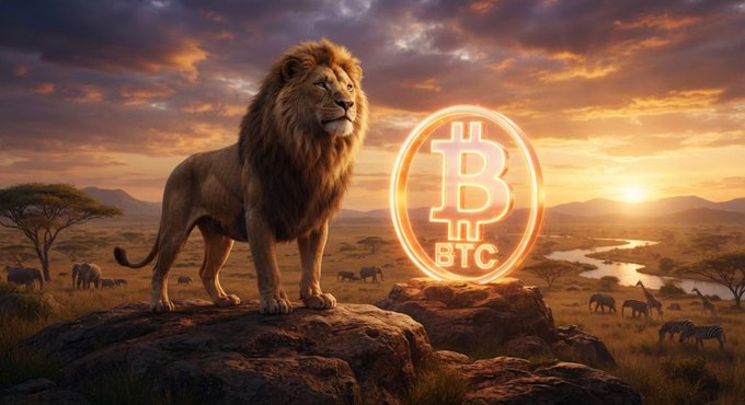 A majestic lion stands on a rock in an African savanna at sunset next to a glowing golden Bitcoin (BTC) emblem, with elephants, zebras, and giraffes visible in the distance.
