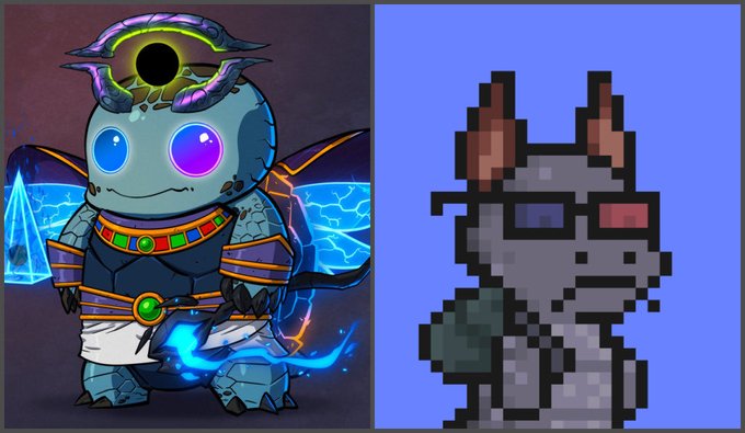 Two digital character illustrations side by side: on the left, a fantasy blue creature with glowing pink eyes and a dark void on its head, and on the right, a pixel-art grey horned creature on a blue background.