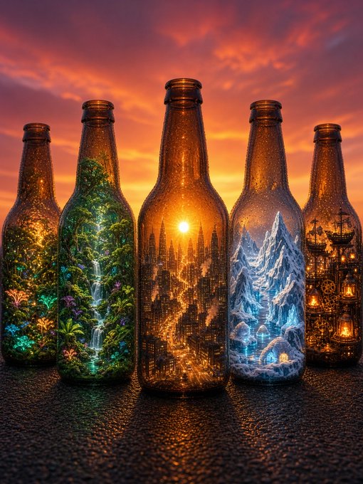 Five amber glass bottles stand in a row against a dramatic sunset sky, each containing a glowing miniature world—one featuring a lush jungle with bioluminescent flora, another a cascading waterfall, a central bottle holding a fantasy cityscape with a radiant sun, a snow-capped mountain fortress, and a pirate ship scene with glowing lanterns. No text or labels are visible on the bottles.