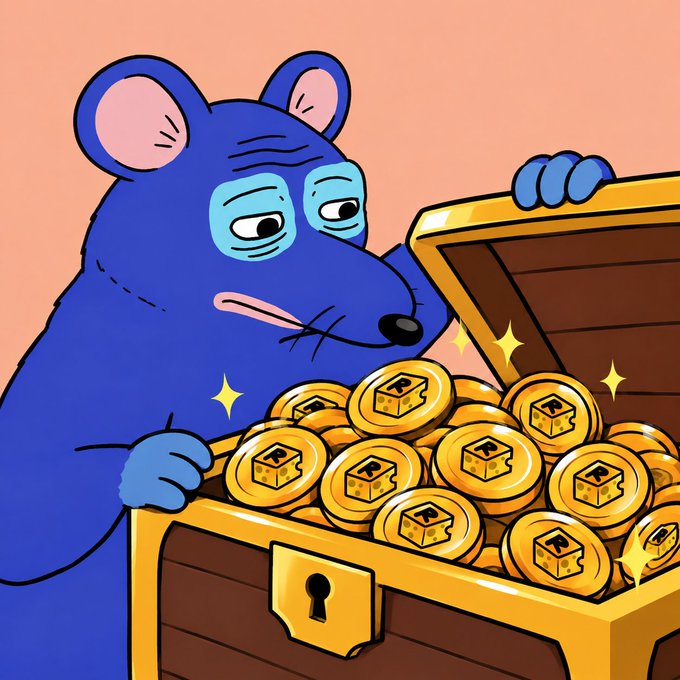 A cartoon blue mouse character looks surprised while peering into an open treasure chest filled with gold BNB (Binance) coins.