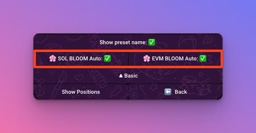A digital interface screen with a purple/pink gradient background showing toggle options for 'SOL BLOOM Auto' and 'EVM BLOOM Auto' highlighted with a red box, along with 'Show Positions' and 'Basic' options.