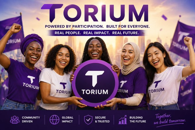 Torium promotional image showing five smiling diverse people in purple and white Torium-branded shirts holding a large Torium logo coin, with tagline 'POWERED BY PARTICIPATION. BUILT FOR EVERYONE. REAL PEOPLE. REAL IMPACT. REAL FUTURE.'