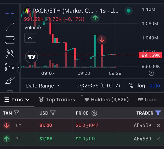 A DexScreener trading chart for PACK/ETH with a current price of 991.59K and a -0.17% change, showing recent transaction history with buys and sells at prices around $0.021.
