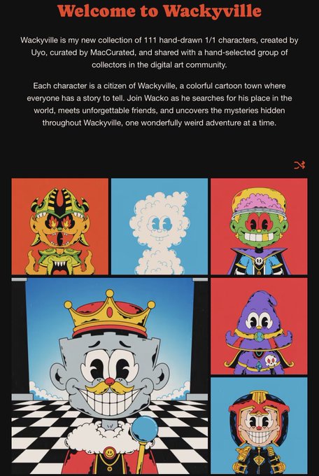 An NFT collection page titled 'Welcome to Wackyville' by Uyo, showcasing six hand-drawn 1/1 character portraits in a colorful cartoon style.