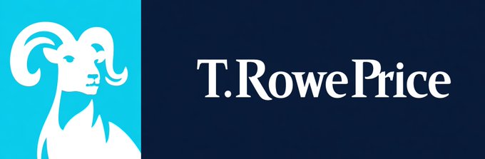 The image shows the T. Rowe Price logo, featuring a white ram illustration on a turquoise background alongside the company name in white text on a dark navy background, visually identifying the asset manager discussed in the post that launched the $TKNZ crypto ETP.