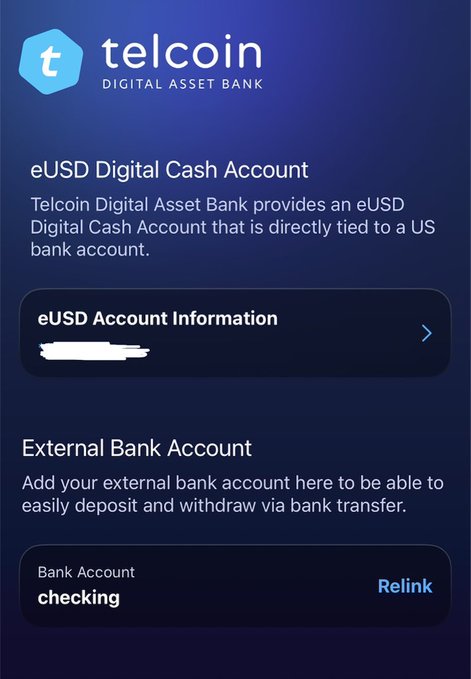 A screenshot of the Telcoin Digital Asset Bank interface showing an eUSD Digital Cash Account linked to an External Bank Account, labeled as a "checking" account, with the account details redacted. The image supports the post by visually confirming the successful linking of Navy Federal Credit Union to Telcoin via Plaid verification.