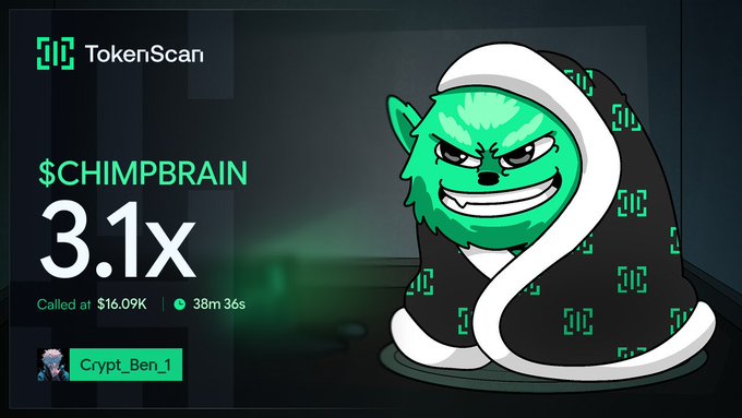 A TokenScan promotional graphic for the token '$CHIMPBRAIN' showing a 3.1x multiplier, called at $16.09K, featuring a cartoon character in a green hooded robe with an angry expression, credited to 'Crypt_Ben_1'.