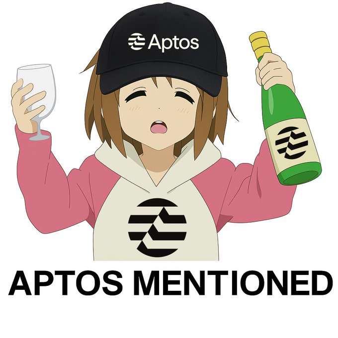 An anime-style character wearing a black cap and hoodie branded with the Aptos logo holds up a wine glass and bottle, both displaying the Aptos emblem, with bold text below reading "APTOS MENTIONED."