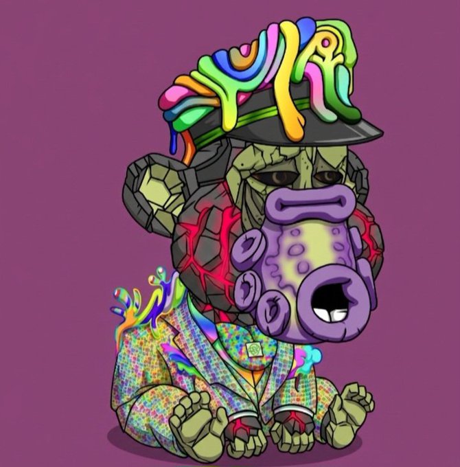 A zombie-like Bored Ape NFT with a colorful paint-splattered visor, purple gas mask, and vibrant patterned suit against a purple background.