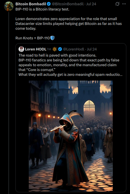 A Bitcoin Bombadil tweet calling "BIP-110 is a Bitcoin literacy test" quotes Loren HODL, who claims BIP-110 fanatics use emotional and moral appeals to push the proposal despite offering "zero meaningful spam reduction," accompanied by an AI-generated illustration of a hooded figure playing a flute in a medieval city.