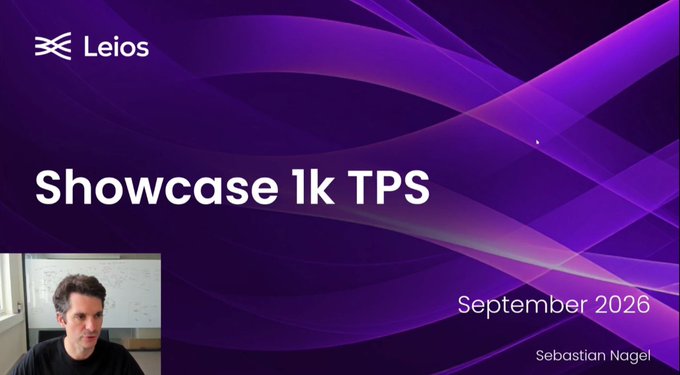 Presentation slide titled 'Showcase 1k TPS' from Leios, dated September 2026, presented by Sebastian Nagel, with a small video inset of the speaker.