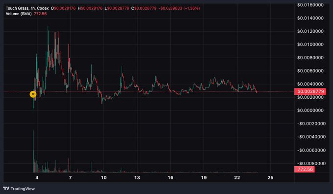 A TradingView candlestick chart for "Touch Grass" token (TG/Tether) showing a current price of $0.0028779 with a 1.36% decline, with visible volume indicator at 772.56.