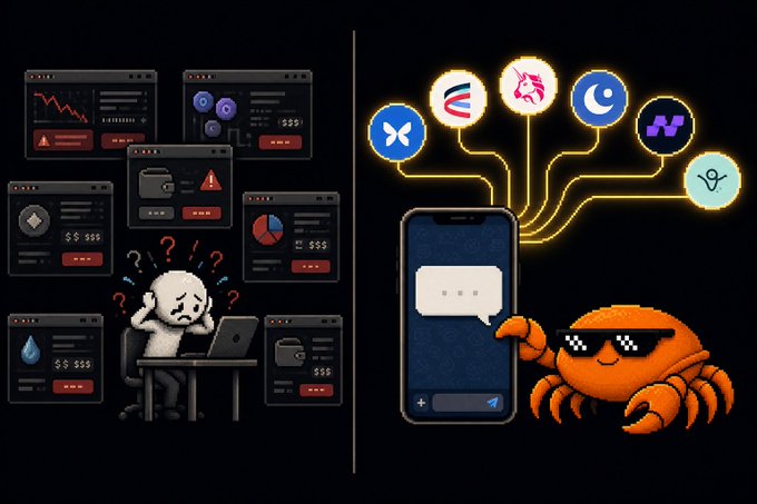 The image features a cartoon crab sitting at a desk with a laptop, while a person wearing sunglasses is shown using their phone. The crab appears to be confused or puzzled by something displayed on the phone screen. In the background, there are six different logos representing various cryptocurrency exchanges and protocols.