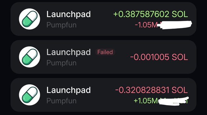 Crypto interface displaying three Launchpad (Pumpfun) transactions: +0.387587602 SOL with -1.05M tokens, a failed transaction of -0.001005 SOL, and -0.320828831 SOL with +1.05M tokens.