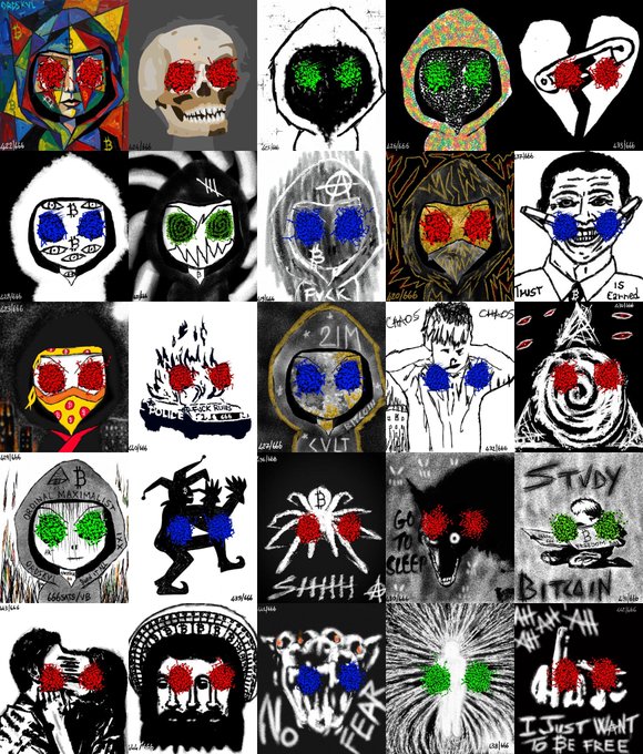A collage of 25 small, edgy drawings, mostly featuring hooded figures or skulls with glowing red, blue, or green eyes, accompanied by text like 'BITCOIN,' 'I JUST WANT TO BE FREE,' and 'SHHH.'