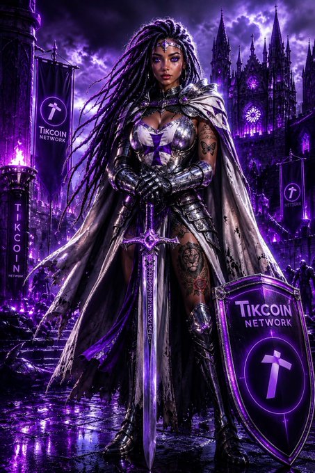 A fierce warrior queen stands clad in silver armor with a flowing white cape, gripping a large sword and a shield emblazoned with the "TikCoin Network" logo featuring a stylized "T," set against a dark gothic castle backdrop lit in vivid purple—visually framing $TIK as a powerful, fortress-backed token of strength and resilience. The accompanying text aligns with the imagery, positioning TikCoin ($TIK) as the main token of the TikChain layer 1 blockchain and encouraging holders to maintain long-term conviction despite market volatility.