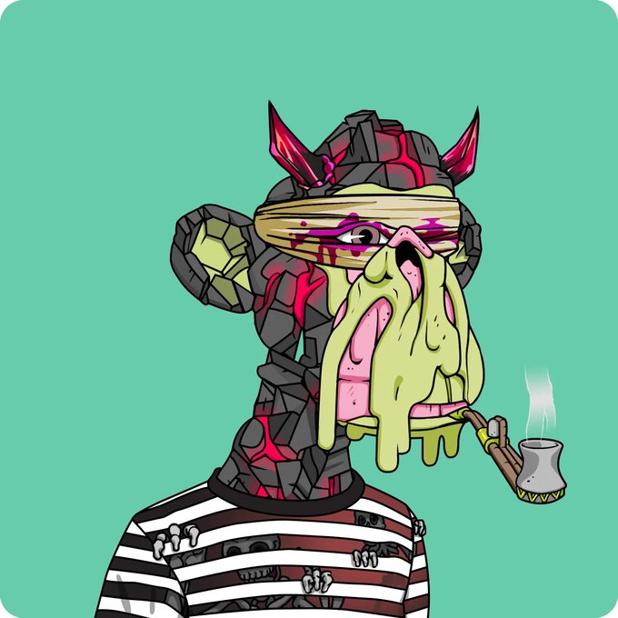 The image features a cartoon monkey with a face painted on, holding a pipe and smoking something that looks like a joint or a cigarette. The background of the image is green, which contrasts with the monkey's appearance. The caption below the image reads "中国的 Ape 朋友们，大家好 Chinese bored apes is the meta". This suggests that the image might be related to an advertisement or promotion for a product or service in China.