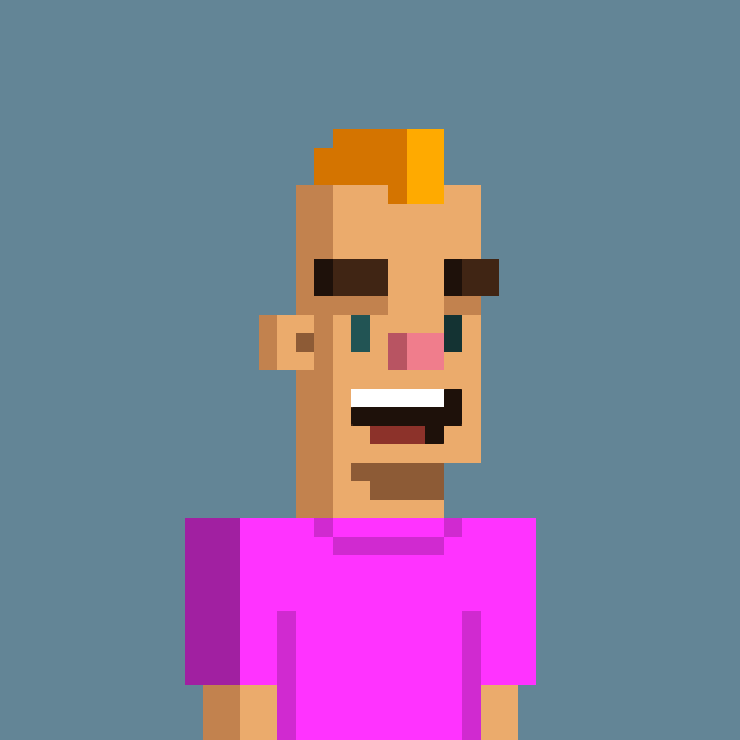 A low-resolution pixel art portrait of a character with blonde hair, brown eyes, and an open mouth, wearing a bright pink shirt against a solid blue background.