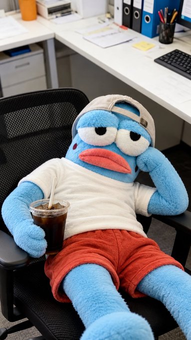 A plush toy resembling a blue creature with a sad expression and prominent pink lips sits in an office chair, wearing a white t-shirt, red shorts, and a backward cap while holding an iced drink.