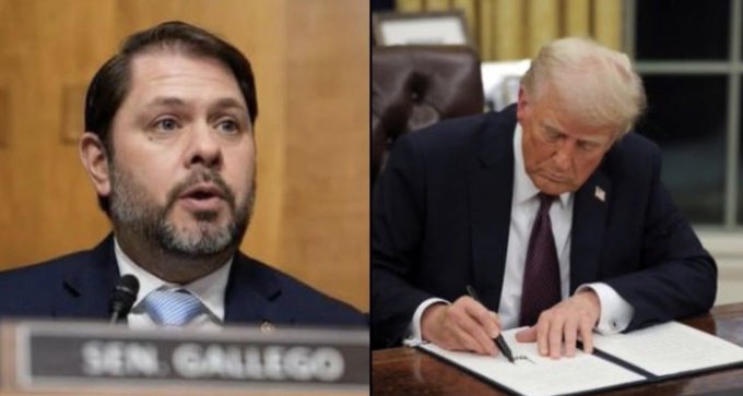 A split image features Senator Ruben Gallego (left, identified by a 'SEN. GALLEGO' nameplate) and President Donald Trump signing a document at his desk in the Oval Office.