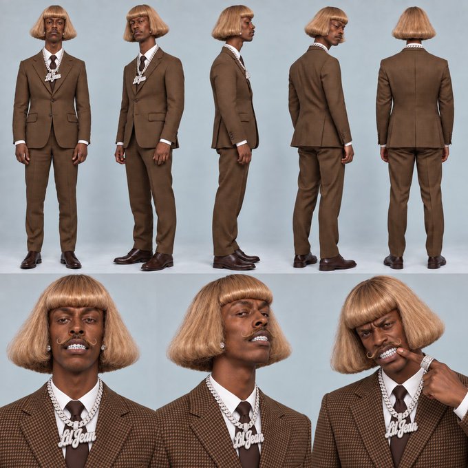 A character reference sheet showing a man with a blonde bob wig and mustache wearing a brown suit and a "Lil Yachty" chain, displayed in multiple full-body angles on the top and three expressive close-ups on the bottom.
