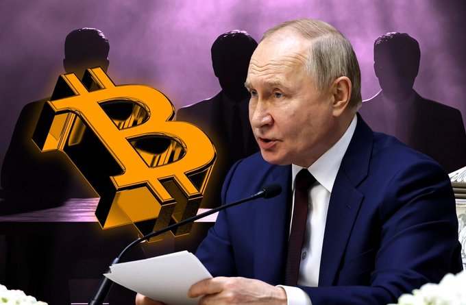 Vladimir Putin is featured with a large Bitcoin symbol, symbolizing Russia's new comprehensive crypto law that will allow legal trading of Bitcoin, Ethereum, and USDT starting September 1, 2026. The silhouetted figures behind him could represent other influential parties involved in this regulatory shift.
