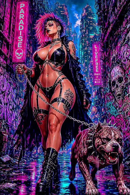 A vibrant cyberpunk-style illustration of a pink-haired woman in a black harness outfit walking a muscular dog on a chain through a neon-lit alleyway labeled 'PARADISE' and 'punk'.