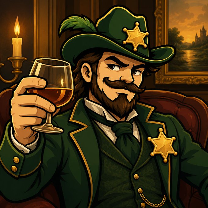 A cartoon-style illustration of a mustached man in a green suit and feathered hat with a sheriff's star badge, holding up a snifter of amber liquor in a candlelit room.