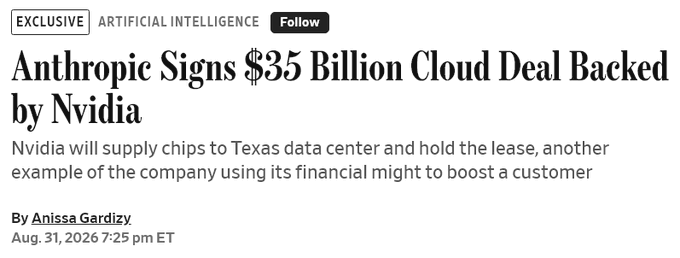 A news headline reads "Anthropic Signs $35 Billion Cloud Deal Backed by Nvidia" with a subhead about Nvidia supplying chips to a Texas data center, dated Aug. 31, 2026, by Anissa Gardizy.