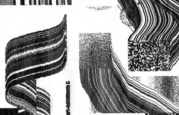 A black-and-white abstract illustration featuring distorted, glitch-like vertical striped patterns and pixelated textures.